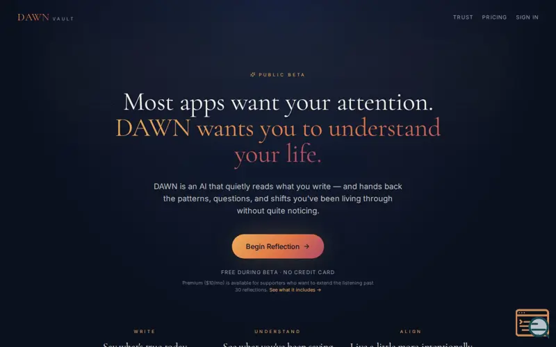 Screenshot of DAWN Vault journal for your inner world