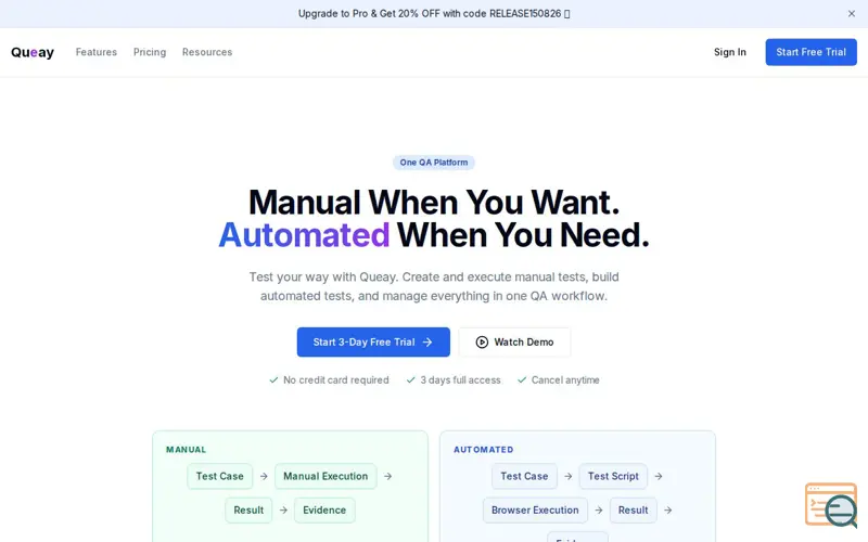 Screenshot of Queay — Manual Testing & Test Automation, One QA Platform
