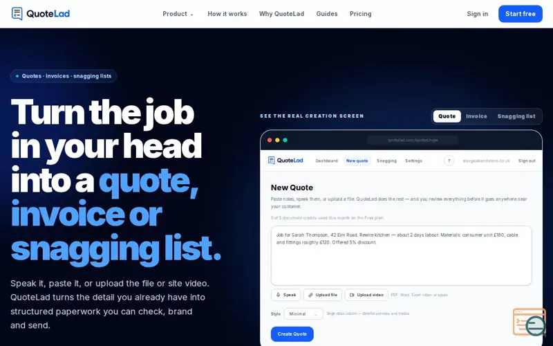Screenshot of QuoteLad — AI Quotes, Invoices & Snagging Lists