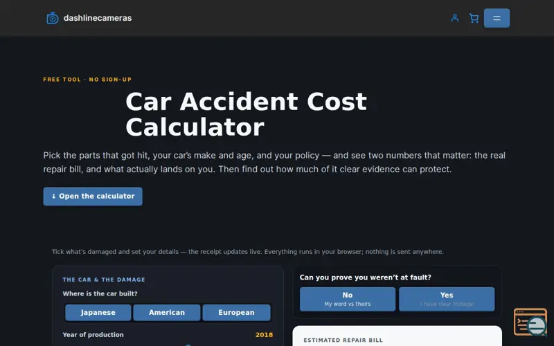 Screenshot of Car accident cost calculator