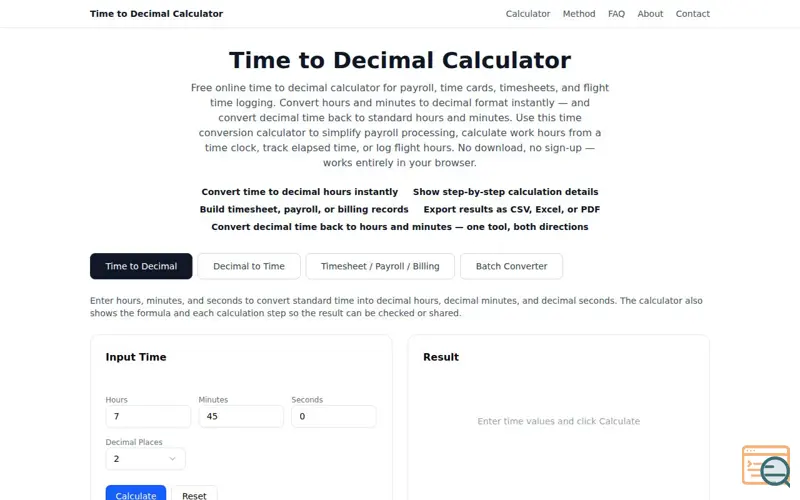 Screenshot of Time to Decimal Calculator