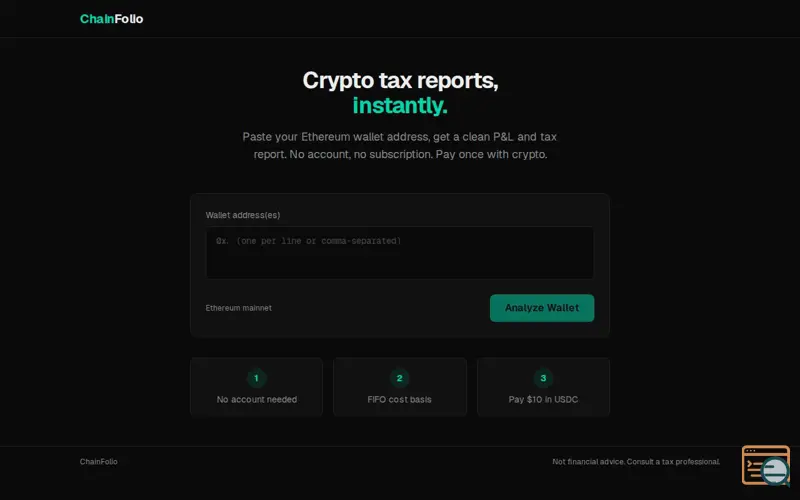 Screenshot of ChainFolio — Instant Crypto Tax Reports