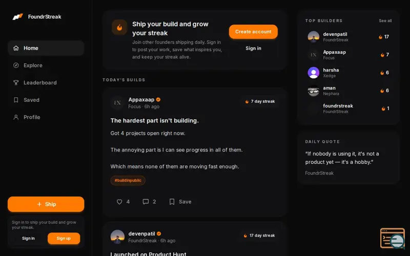 Screenshot of FoundrStreak