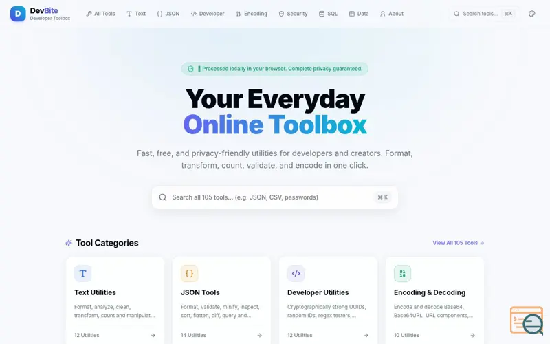 Screenshot of DevBite — Free, Fast & Private Online Developer Tools