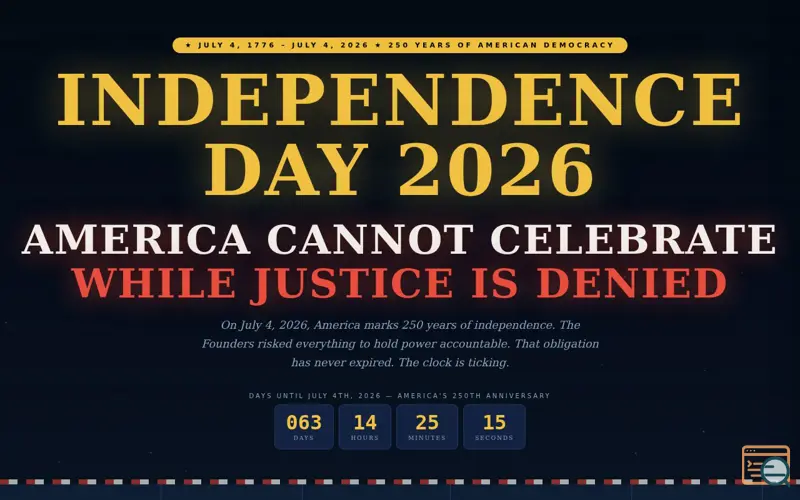 Screenshot of America's 250th — Justice Cannot Wait, a launch using Openprovider