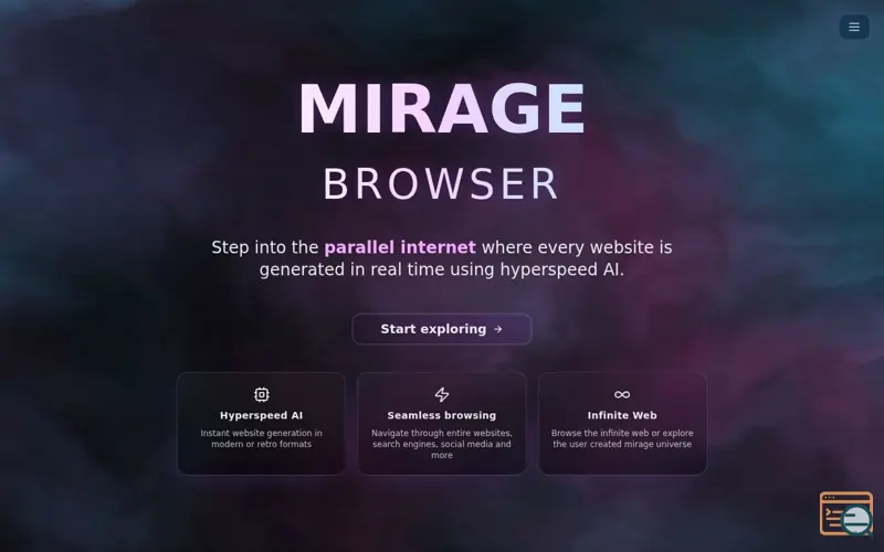 Screenshot of Mirage Browser | AI-Generated Retro Internet, a launch using Vanta.js