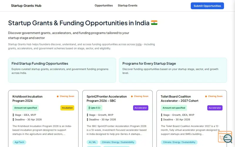 Screenshot of Startup Grants Hub