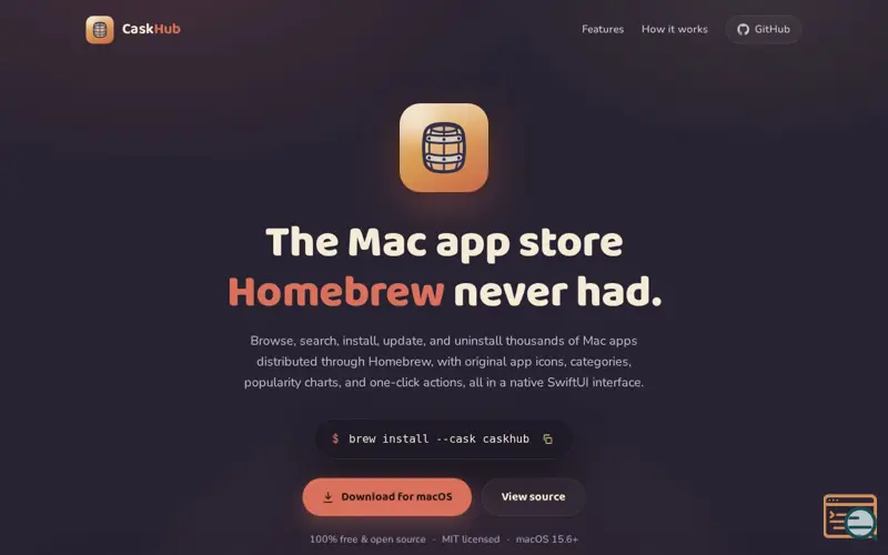 Screenshot of CaskHub: a native Mac app store for Homebrew casks