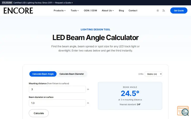 Screenshot of LED Beam Angle Calculator