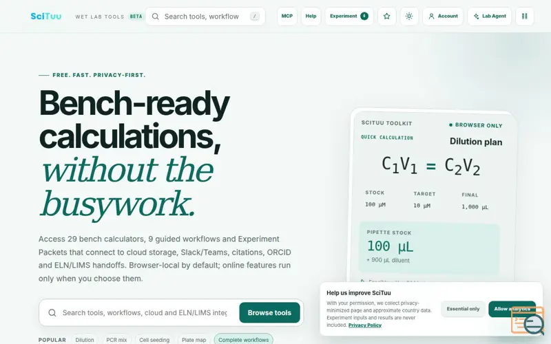 Screenshot of SciTuu Wet Lab Tools, a launch using NCBI