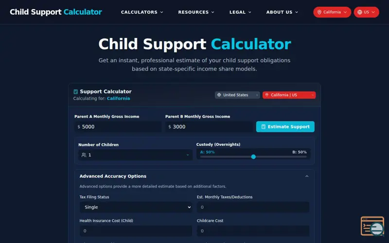 Screenshot of Family Law Calculator Suite