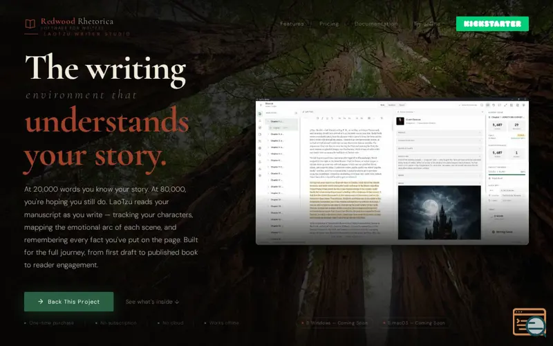 Screenshot of LaoTzu Writer Studio, a launch using Kickstarter