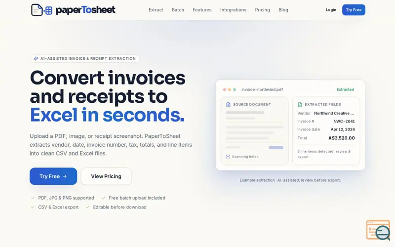Screenshot of PaperToSheet