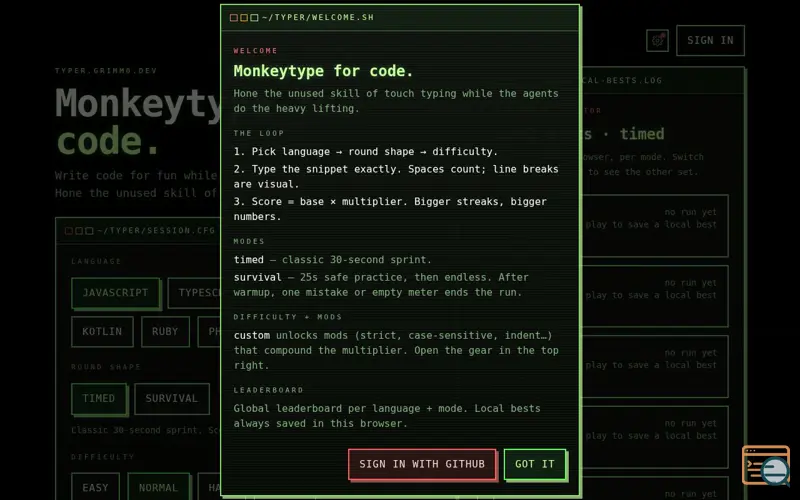 Screenshot of Monkey Type for Devs