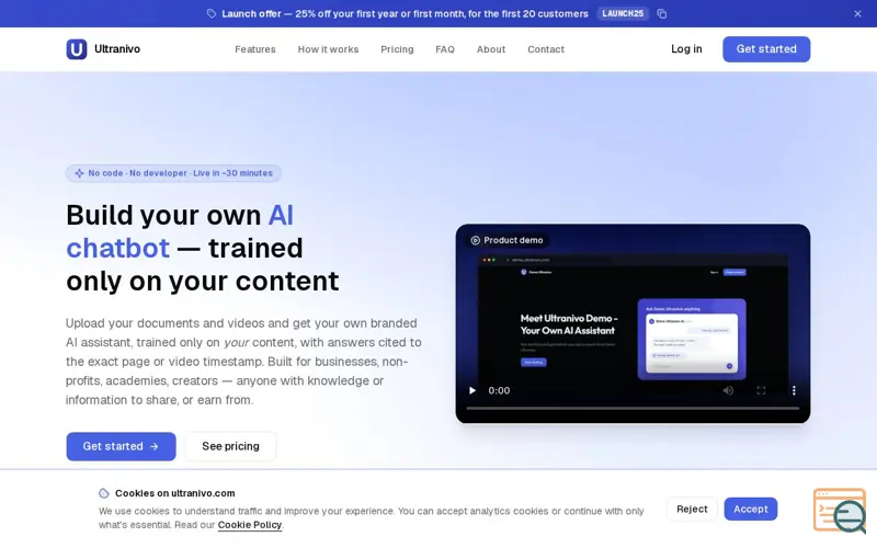Screenshot of Ultranivo — Build your own AI chatbot, trained on your own content