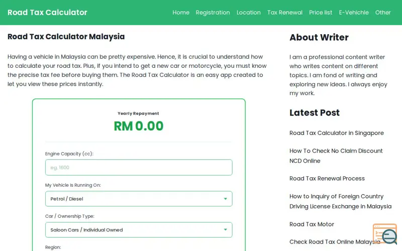 Screenshot of Road Tax Calculator
