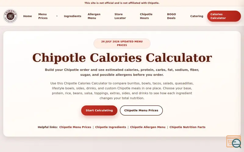 Screenshot of Chipotle Calories Calculator