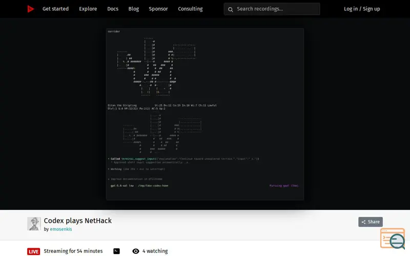 Screenshot of Codex Plays NetHack, a launch using Keybase