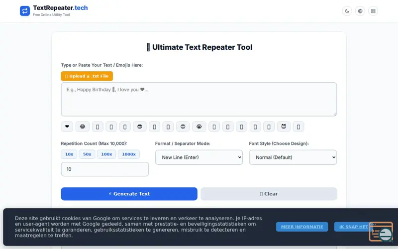 Screenshot of Text Repeater - Free Online Tool to Repeat Text 10,000x, a launch using Blogger