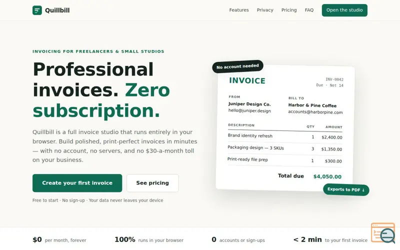 Screenshot of Quillbill makes invoices like Kill Bill.