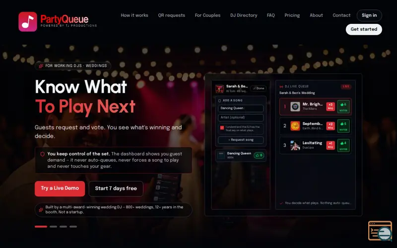 Screenshot of PartyQueue — Live QR Song Requests for Events, Weddings & DJs, a launch using Lovable Email