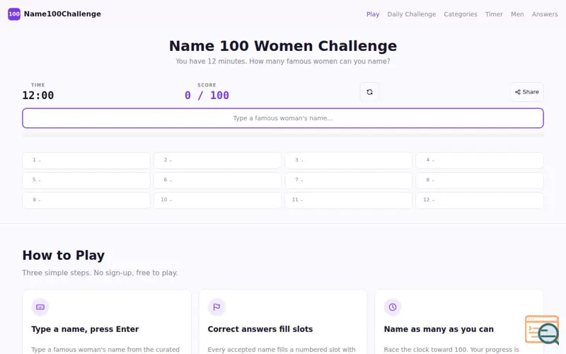 Screenshot of Name100Challenge