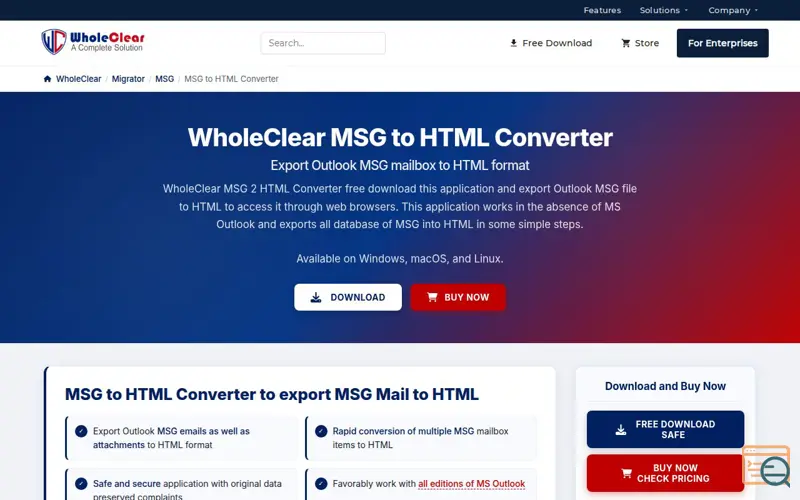 Screenshot of WholeClear MSG to HTML Converter, a launch using Tawk.to