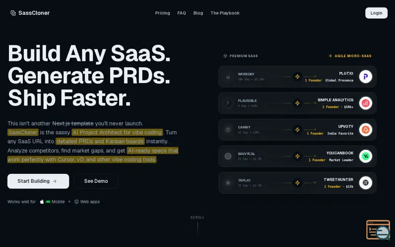 Screenshot of SassCloner.dev, a launch using 99designs