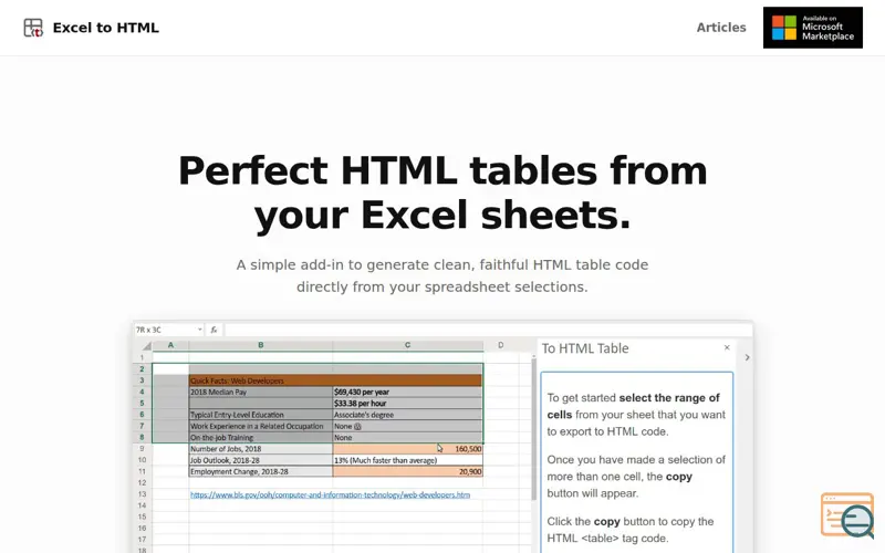 Screenshot of Excel to HTML Table Converter