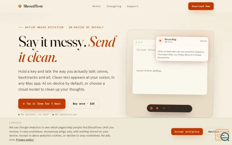Screenshot of ShoutFlow · Private, pay-once dictation for Mac
