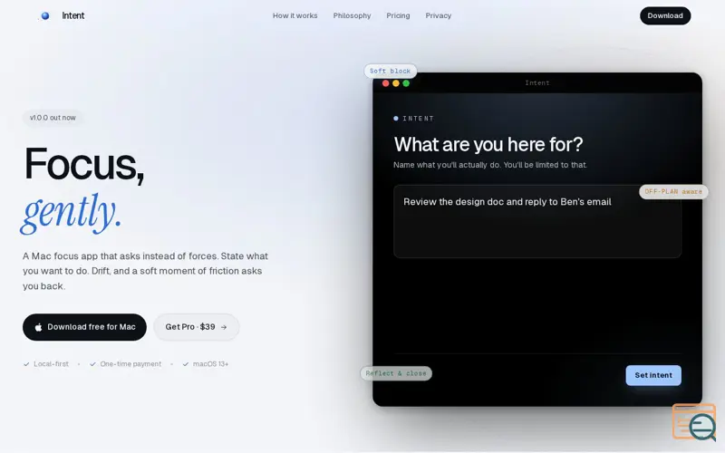 Screenshot of Intent · Soft focus for Mac