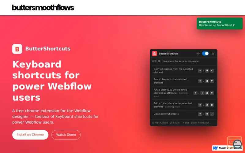 Screenshot of ButterShortcuts Extension for Webflow