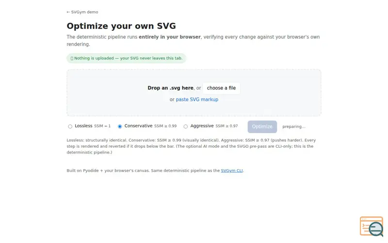 Screenshot of SVGym optimize your own SVG (100% local)