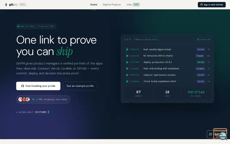 Screenshot of GitPM: The portfolio for PMs who ship