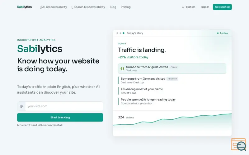 Screenshot of Sabilytics - Insight-First Website Analytics, a launch using RankInPublic