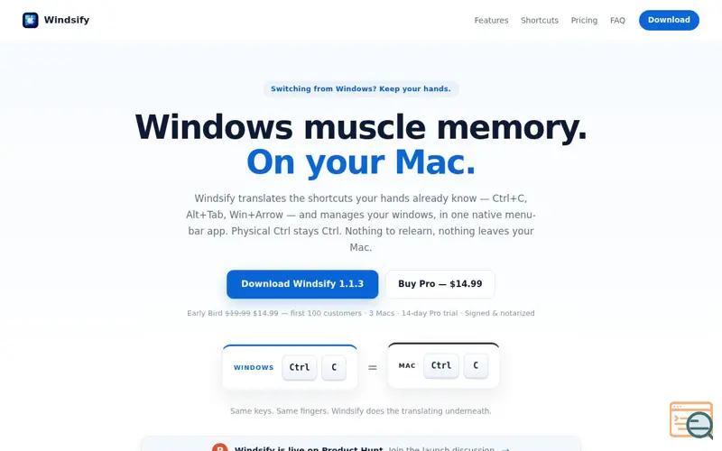 Screenshot of Windsify — Windows-style keyboard & window management for Mac