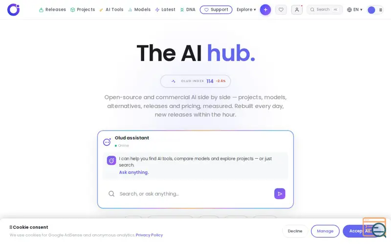 Screenshot of Open Source AI — 10,000 Projects & 350 Models | olud.ai