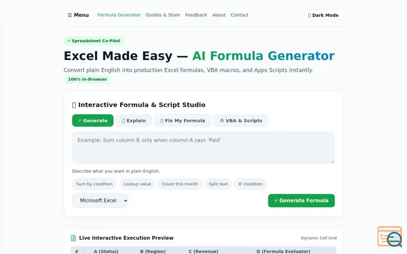 Screenshot of ExcelFormulaAI