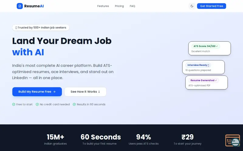 Screenshot of ResumeAI India