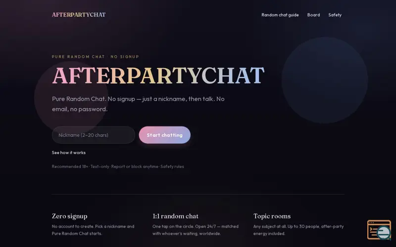 Screenshot of AFTERPARTYCHAT — Pure Random Chat · 회원가입 없는 랜덤채팅