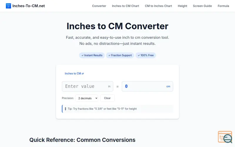 Screenshot of Inches-to-cm
