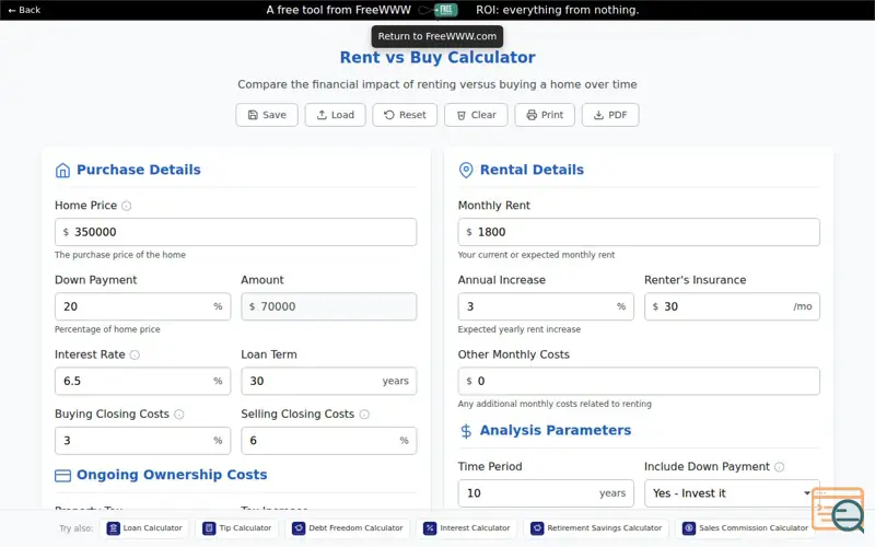 Screenshot of Rent vs Buy Calculator