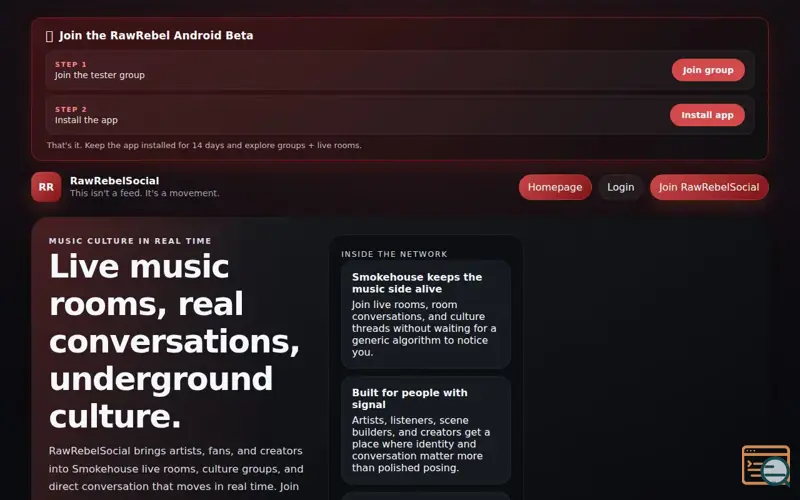 Screenshot of RawRebelSocial, a launch using AlmaLinux