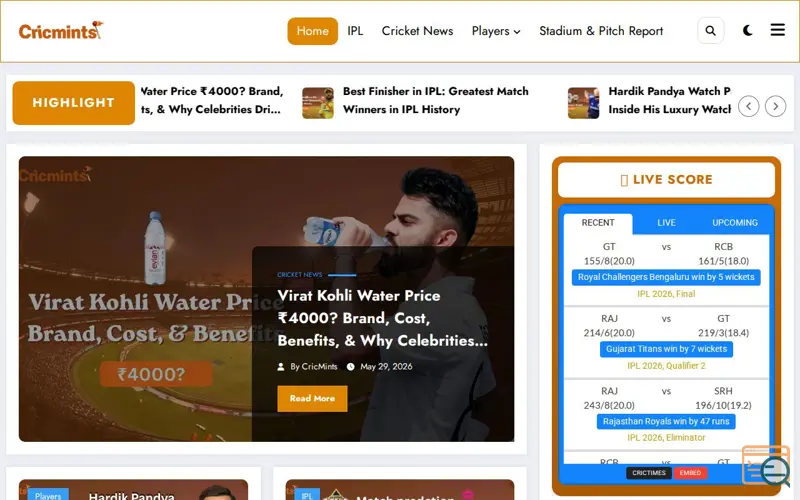 Screenshot of CricMints, a launch using CricTimes