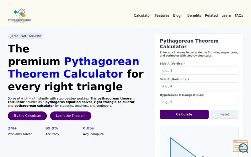 Screenshot of Pythagorean Theorem Calculator - Free, Accurate & Online Calculator