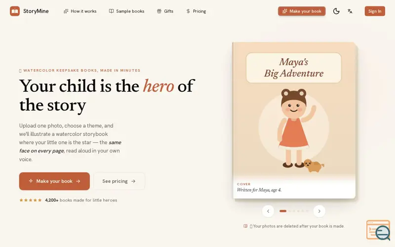 Screenshot of StoryMine — Your child is the hero of the story