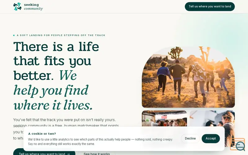 Screenshot of seeking.community, a launch using SvelteKit