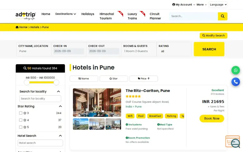 Screenshot of Hotels in Pune – FREE Cancellation, a launch using TBO.com