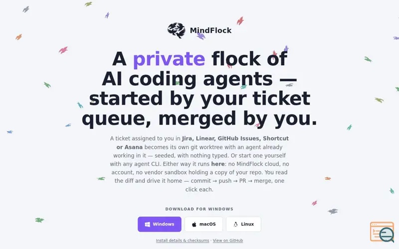 Screenshot of MindFlock — a flock of AI coding agents, started by your tickets