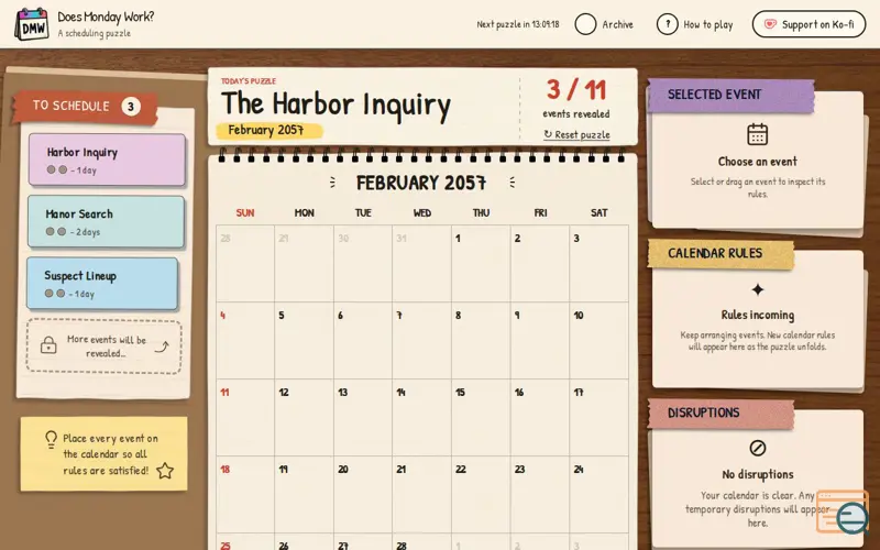 Screenshot of Does Monday Work? | Daily Web Scheduling Puzzle Game